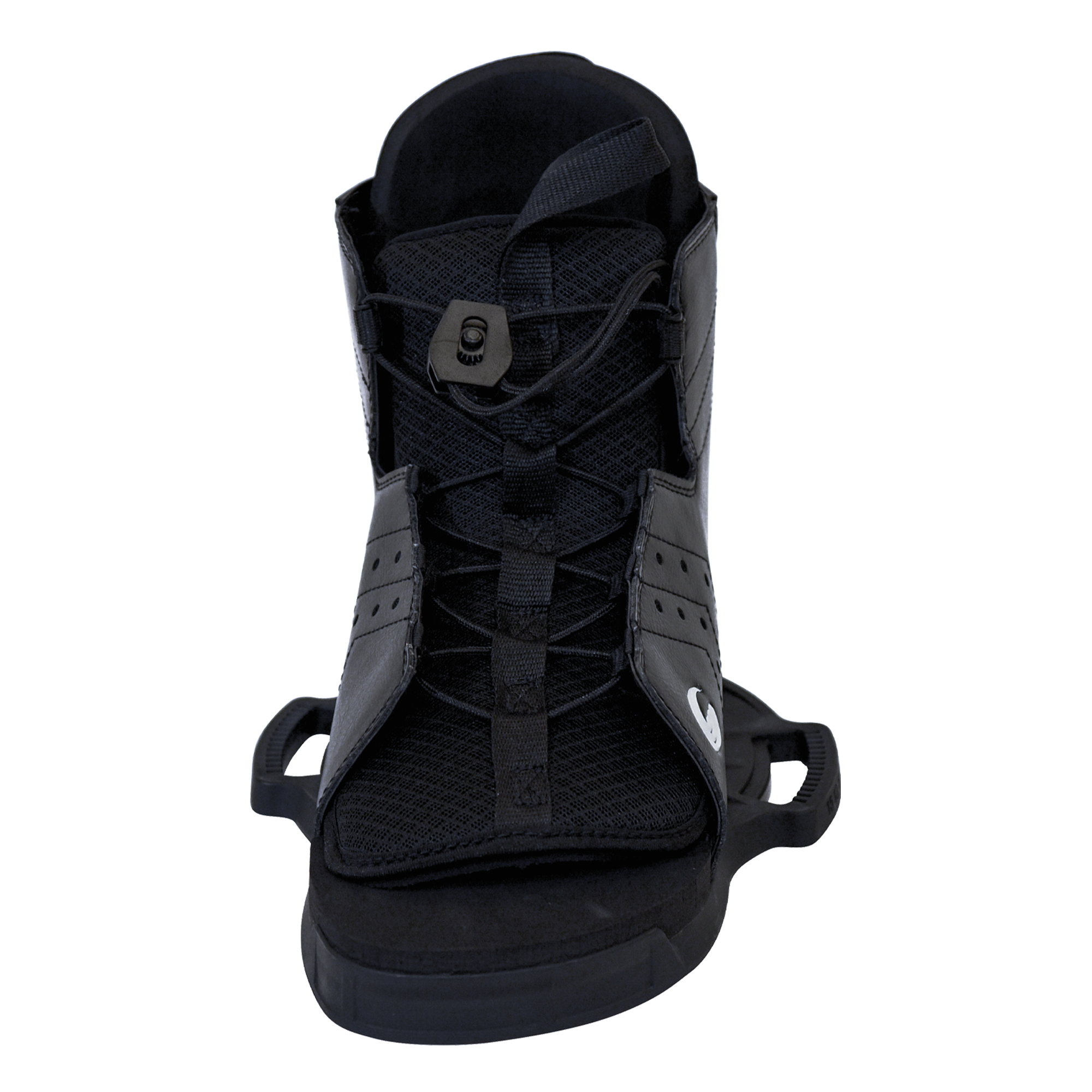 Front view of the Hale wakeboard binding with a lace-up closure and reinforced toe area for a snug fit.