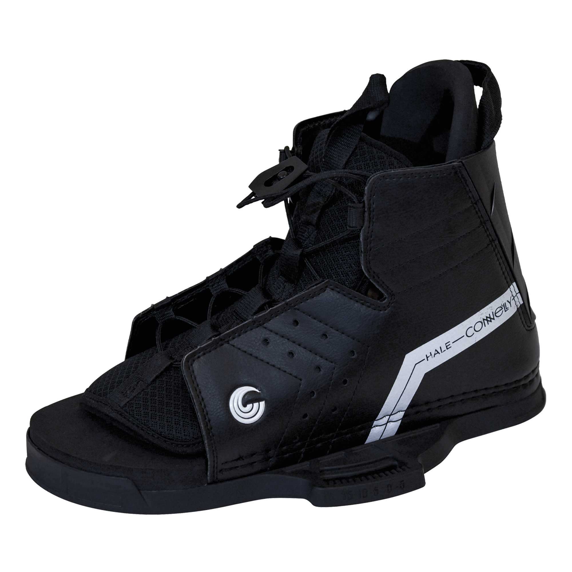 Angled front view of the Hale wakeboard binding highlighting the open-toe construction and secure lacing system.