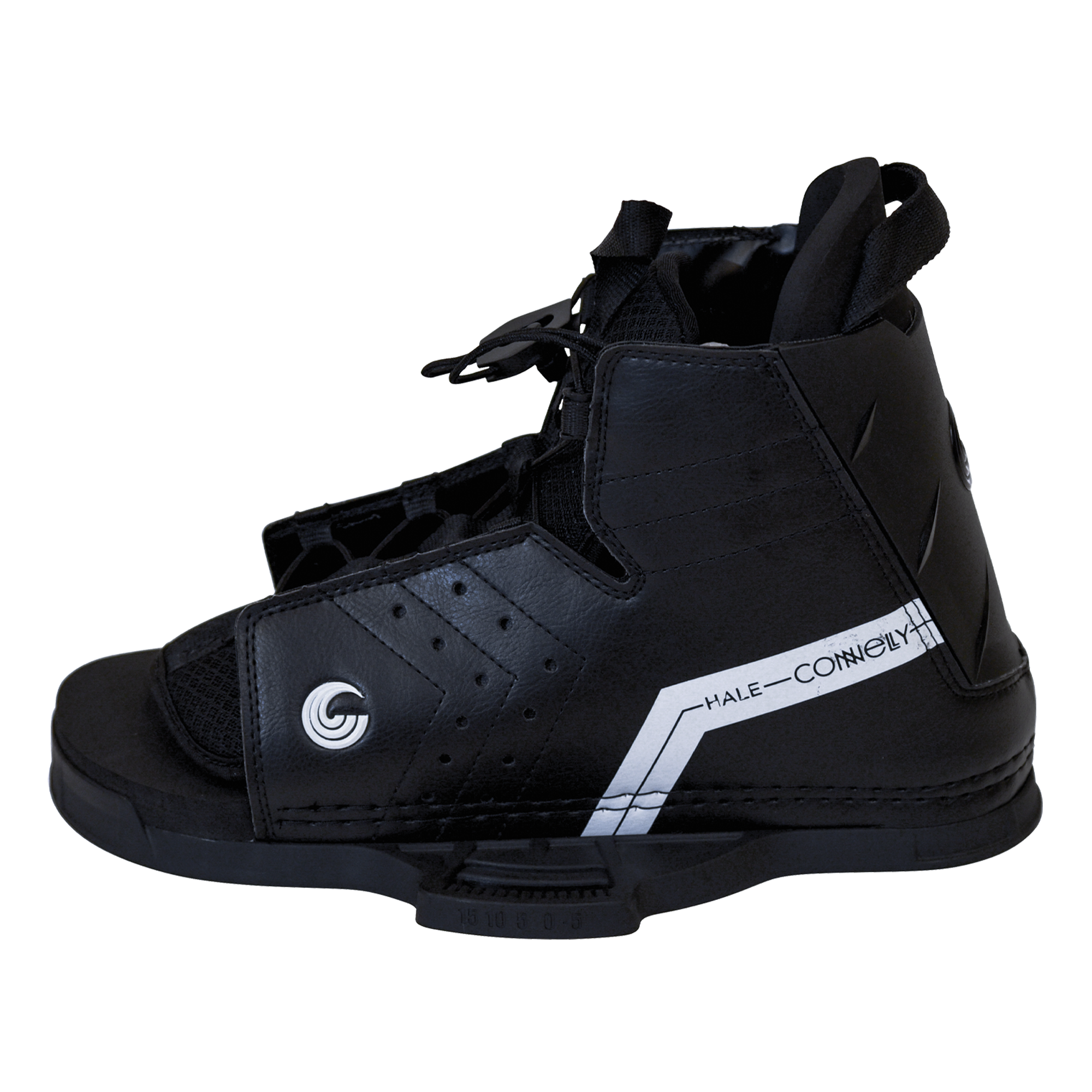 Side view of the Hale wakeboard binding in black with white accents, featuring an open-toe design and lace-up closure.