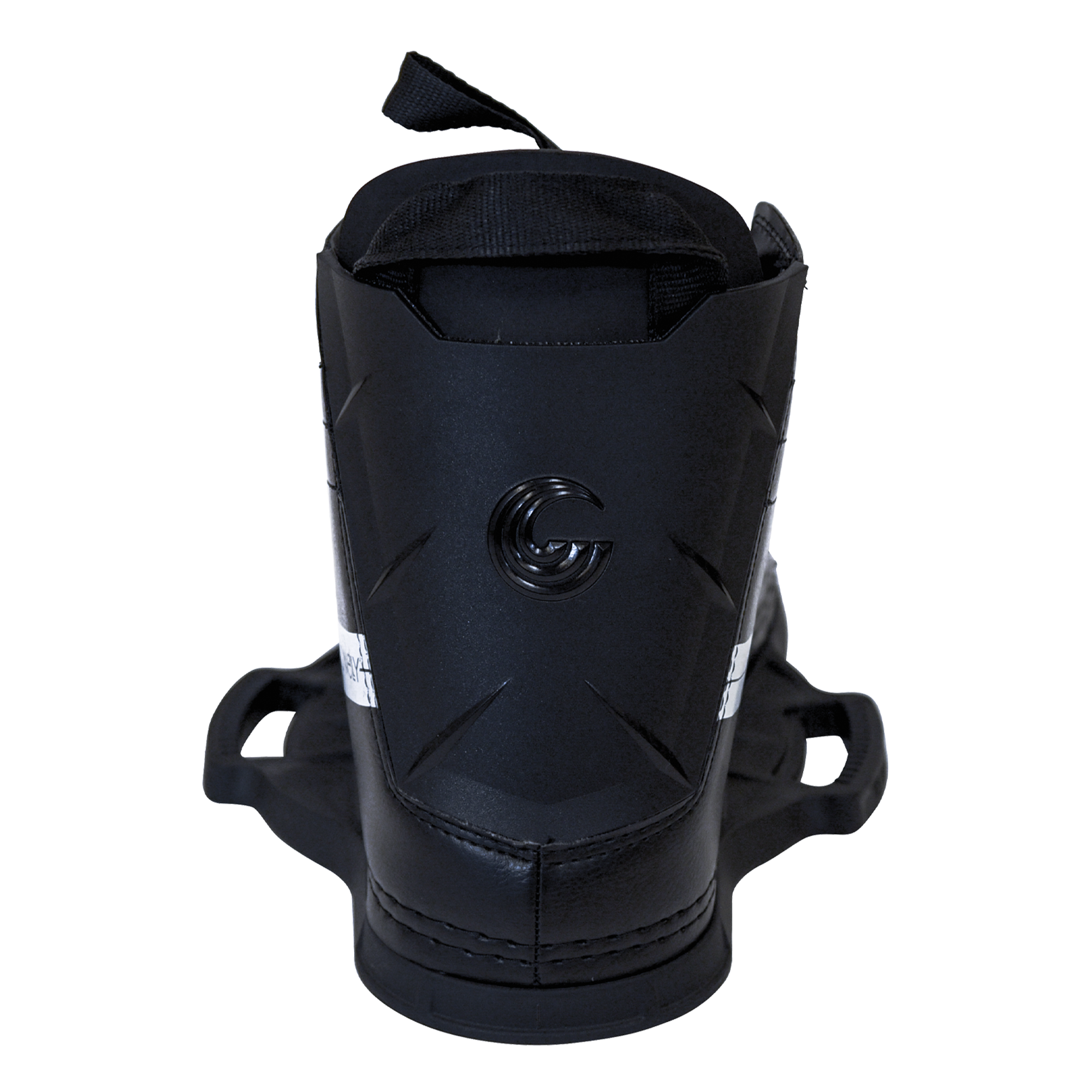 Rear view of the Hale wakeboard binding with a black heel support, pull strap, and embossed logo.