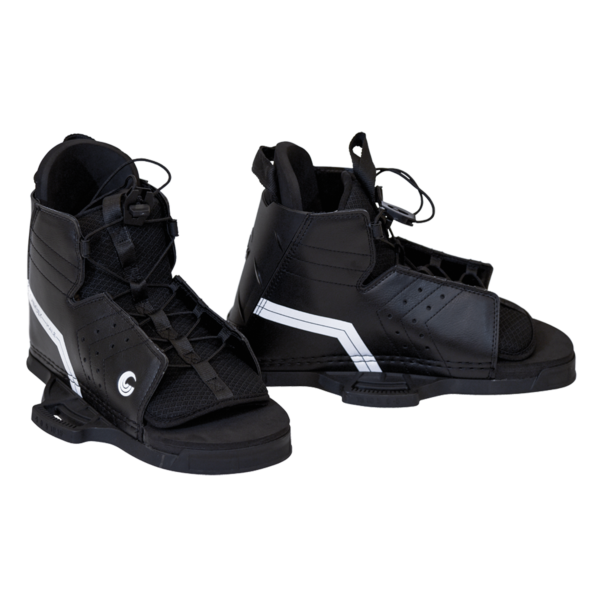 Pair of Hale wakeboard bindings side by side, showcasing their black and white design with lace-up entry.