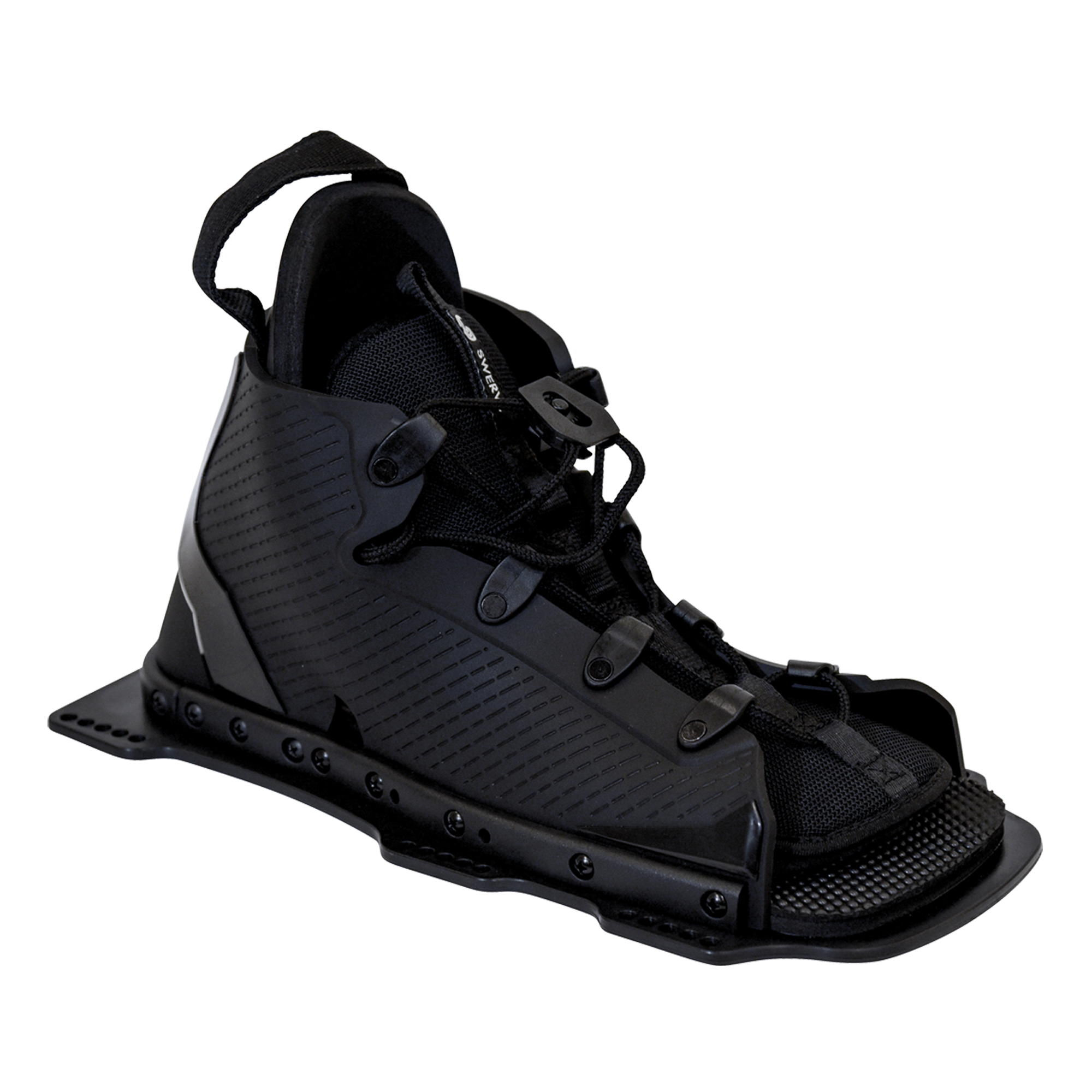Angled front view of the black Swerve binding, highlighting its flexible matte shell, glossy details, and secure fit.