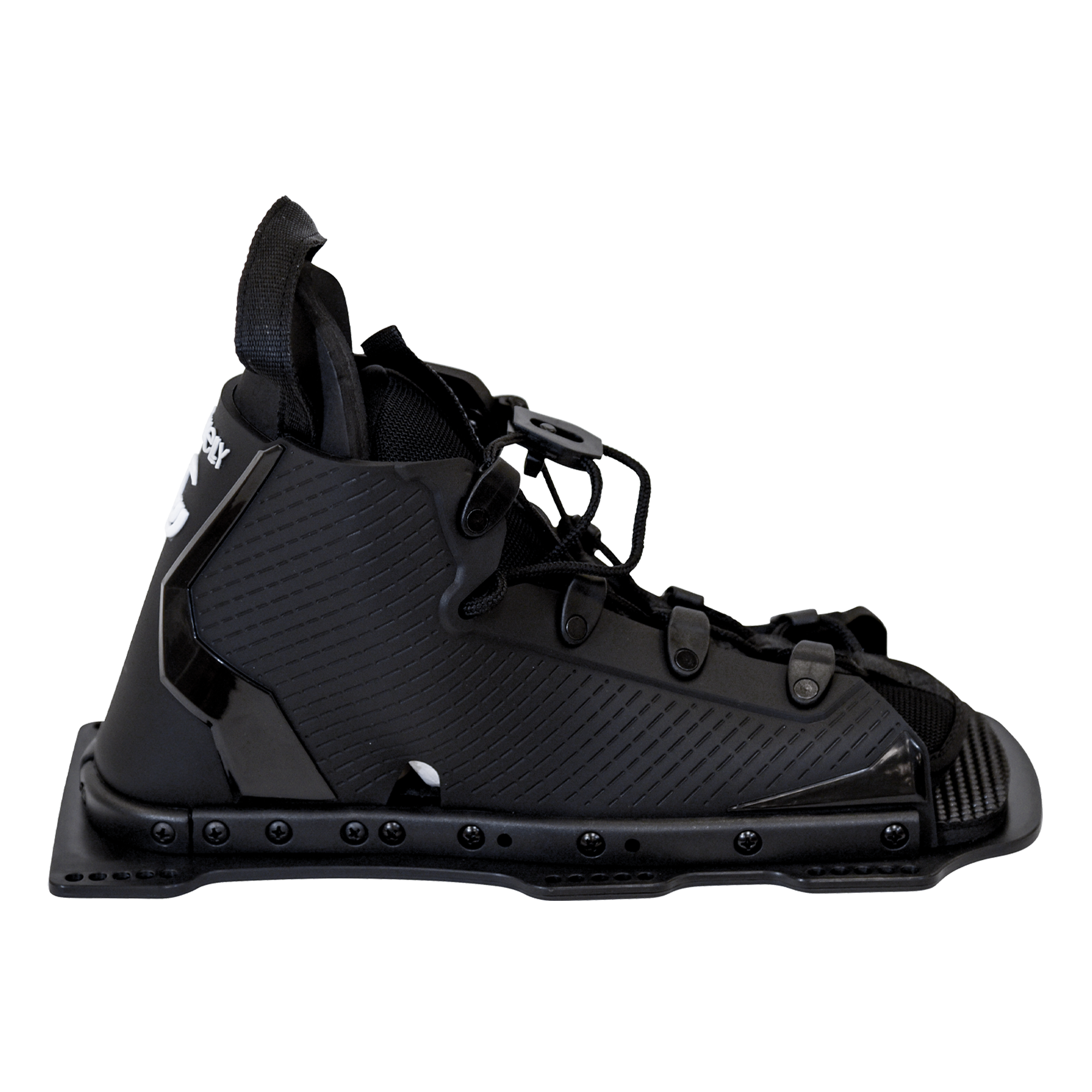 Side view of the Swerve water ski binding in black with subtle texture, adjustable laces, and reinforced panels.