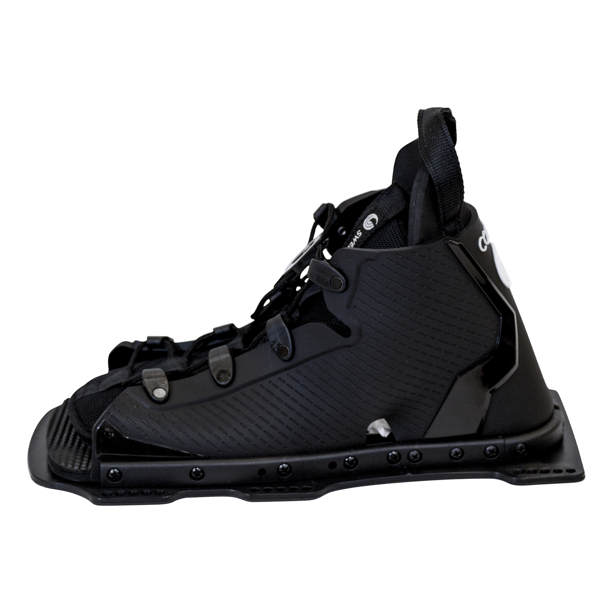 Opposite side view of the black Swerve binding, showing its contoured fit, matte finish, and sturdy mounting plate.
