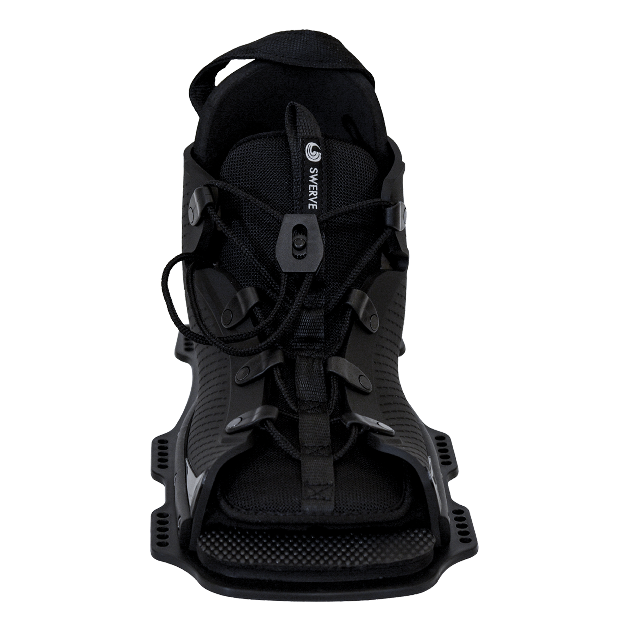 Front view of the black Swerve binding, featuring an open-toe design, black laces, and a quick-lace system.