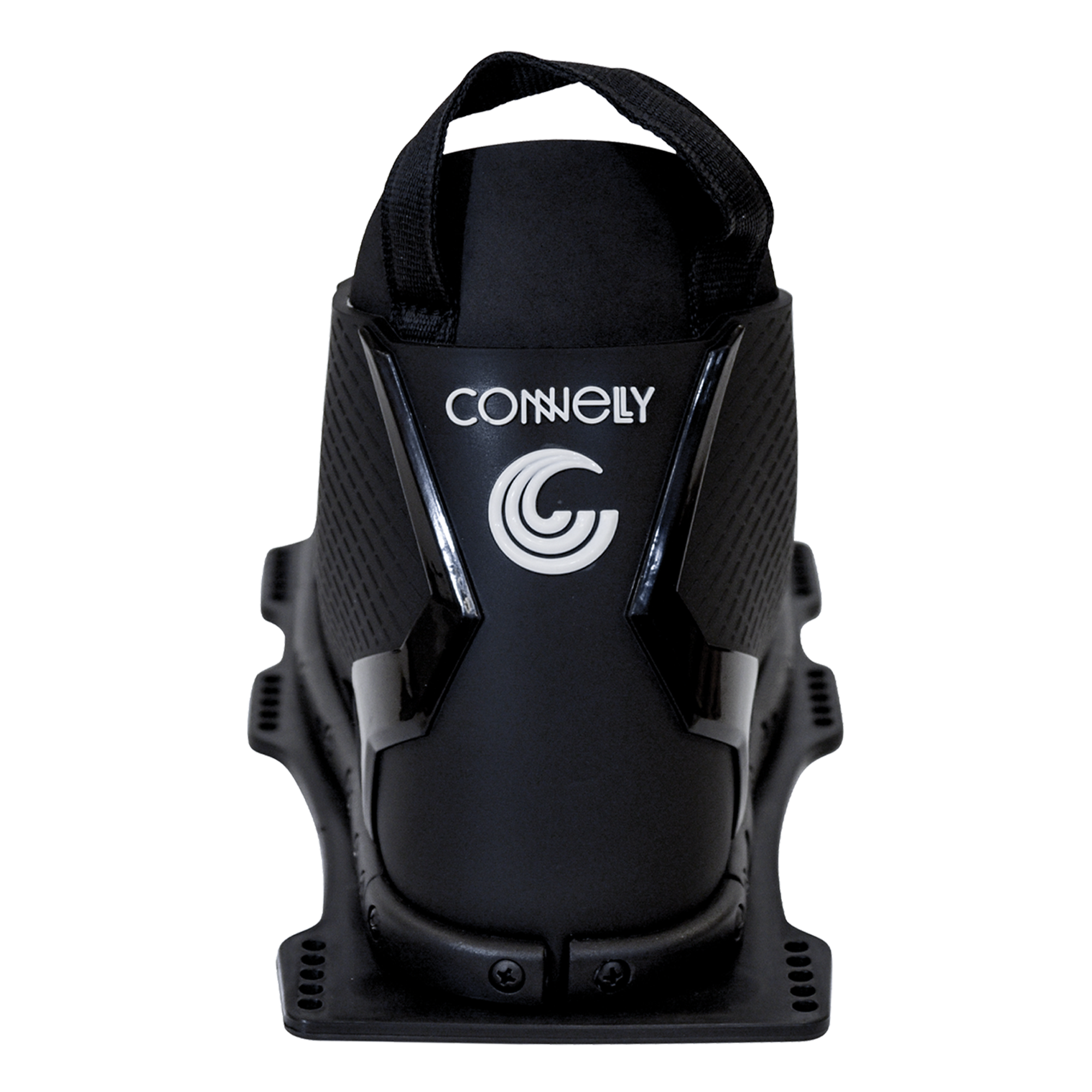 Rear view of the black Swerve binding with a raised heel support, glossy black accents, and white logo detailing.