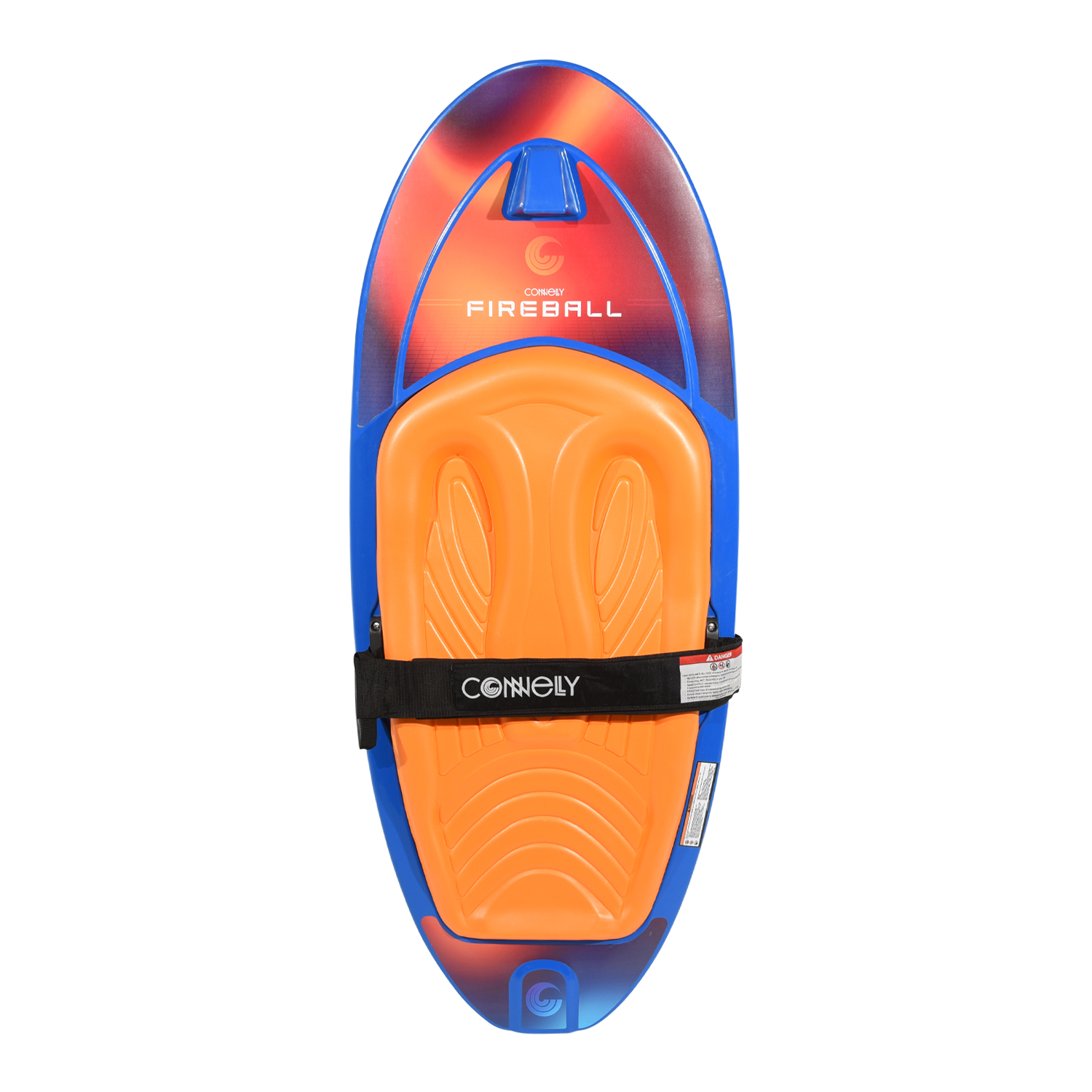 Top view of the Fireball kneeboard with orange pad, black strap, and gradient logo graphic.