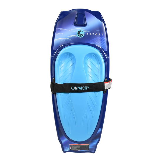 Top view of the Theory kneeboard with light blue pad, black strap, and logo graphic.