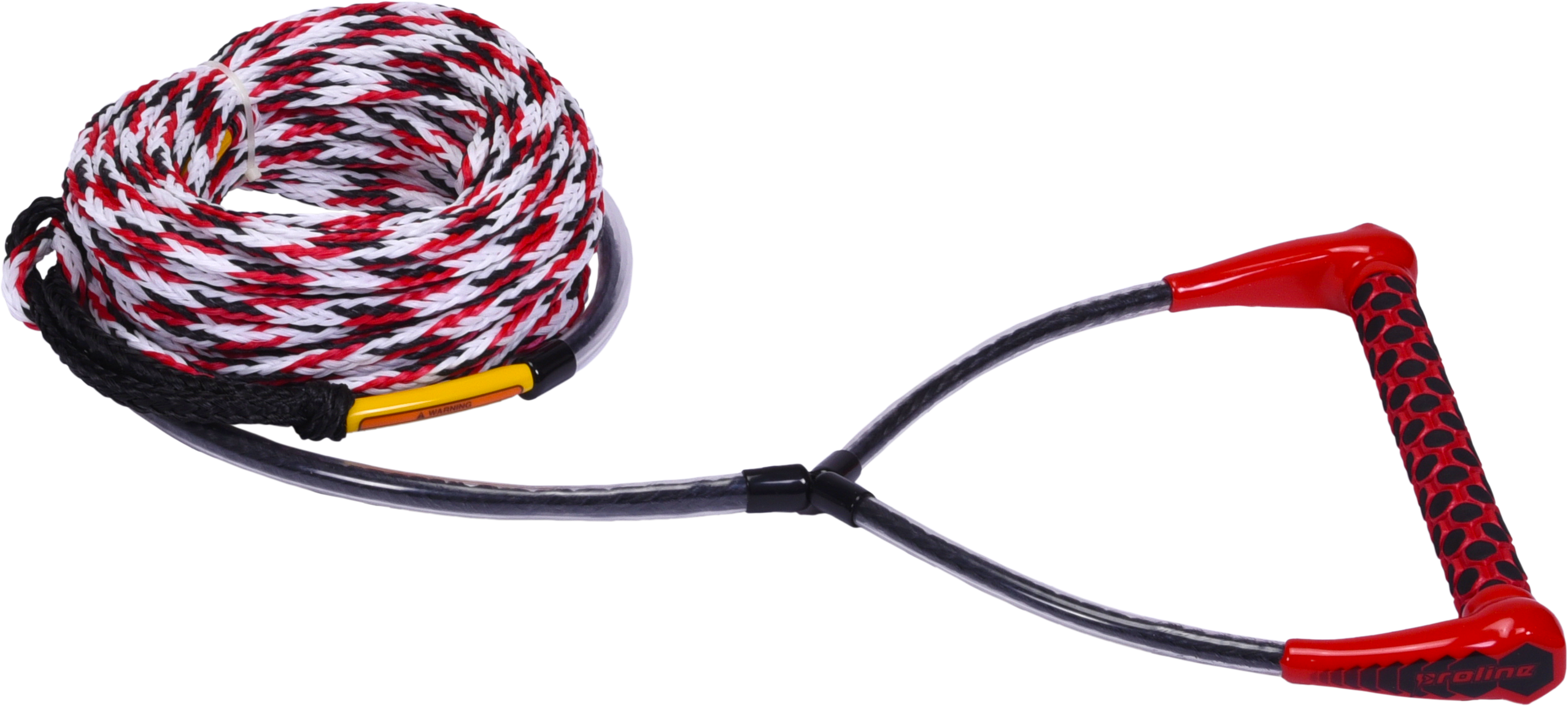 Coiled red, black, and white rope with a black handle and red grips, featuring a 75-foot mainline for water sports.
