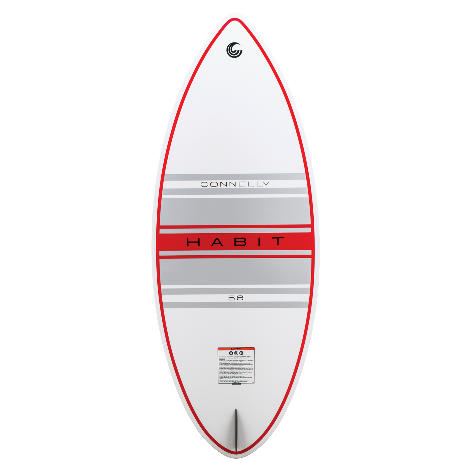 Base view of the HABIT Skim wakesurf board with a white and red design, gray stripes, and a centered single fin.