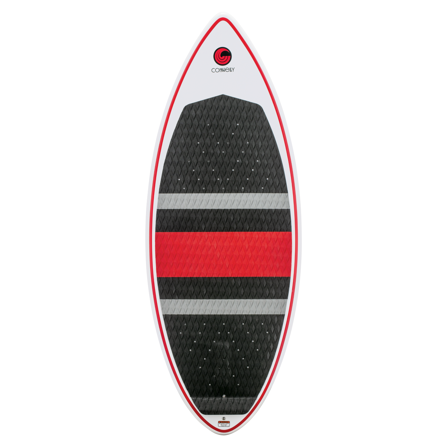 Top view of the HABIT Skim wakesurf board with a black traction pad, red and gray accents, and a pointed nose.