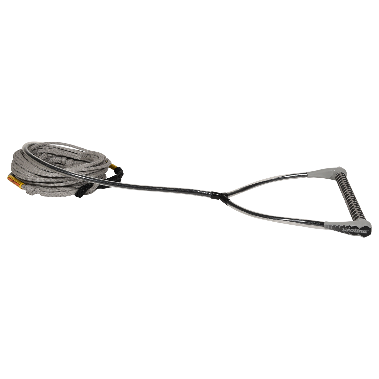 Angled view of grey Classic Handle with 65' Poly-E Rope, shown coiled with black handle grip.