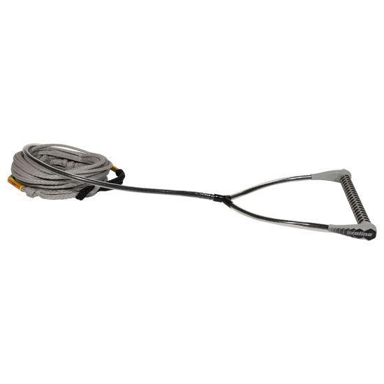 Angled view of grey Classic Handle with 65' Poly-E Rope, shown coiled with black handle grip.