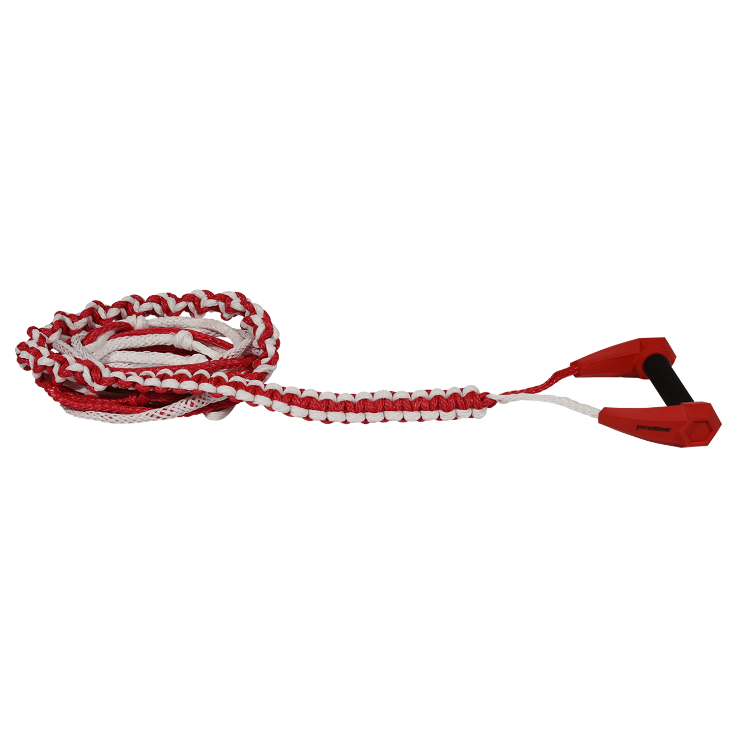 Angled view of red Torq Handle with 25' Poly-E Rope, shown coiled with black foam grip.