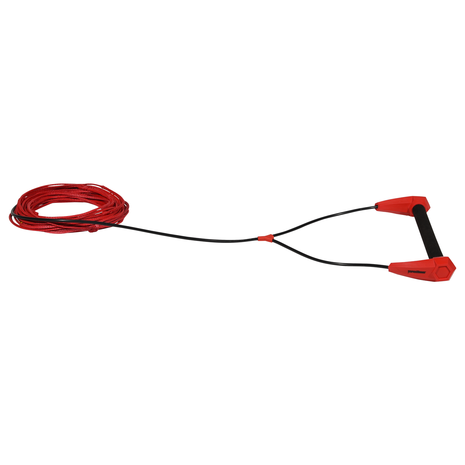 Angled view of Torq Handle with 65' Spectra Rope in red, shown coiled with red and black handle.