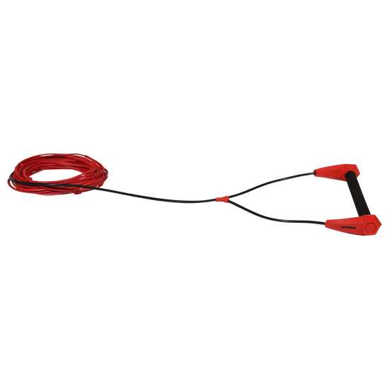Angled view of Torq Handle with 65' Spectra Rope in red, shown coiled with red and black handle.