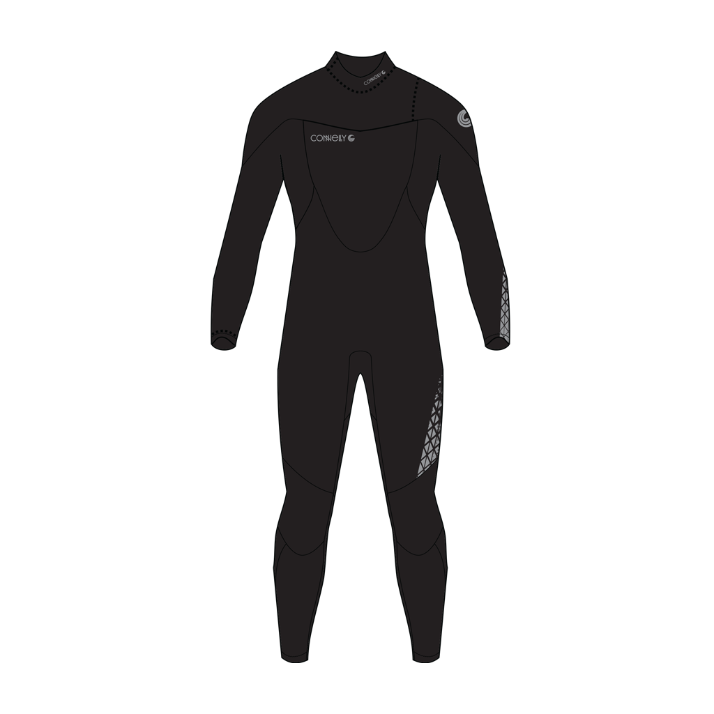 A black full-body wetsuit with long sleeves and legs, featuring a high collar, a white Connelly logo on the left chest, and a gray geometric pattern on the right upper shoulder and lower leg.