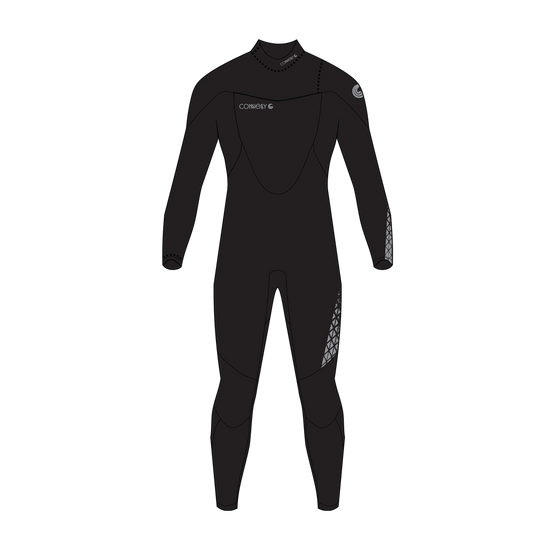 A black full-body wetsuit with long sleeves and legs, featuring a high collar, a white Connelly logo on the left chest, and a gray geometric pattern on the right upper shoulder and lower leg.