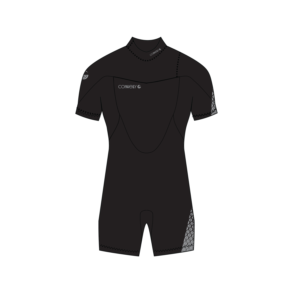 A black short-sleeve wetsuit with a mock neck, featuring a white Connelly logo on the left chest and gray patterned accents on the right sleeve and lower leg