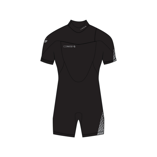 A black short-sleeve wetsuit with a mock neck, featuring a white Connelly logo on the left chest and gray patterned accents on the right sleeve and lower leg