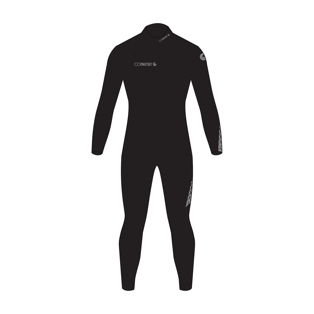 A black long-sleeve full-body wetsuit with a mock neck, featuring the Connelly brand name printed in white on the left chest and a white graphic on the right shoulder and left thigh