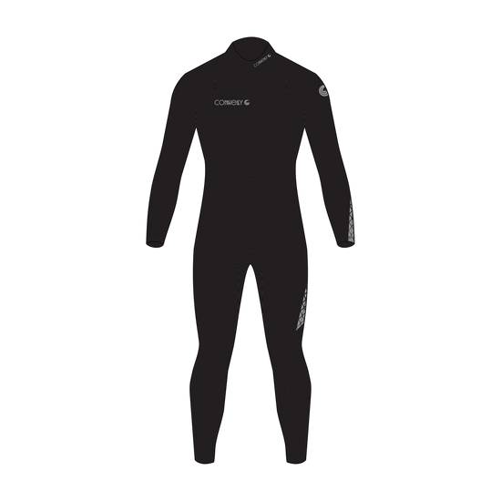 A black long-sleeve full-body wetsuit with a mock neck, featuring the Connelly brand name printed in white on the left chest and a white graphic on the right shoulder and left thigh