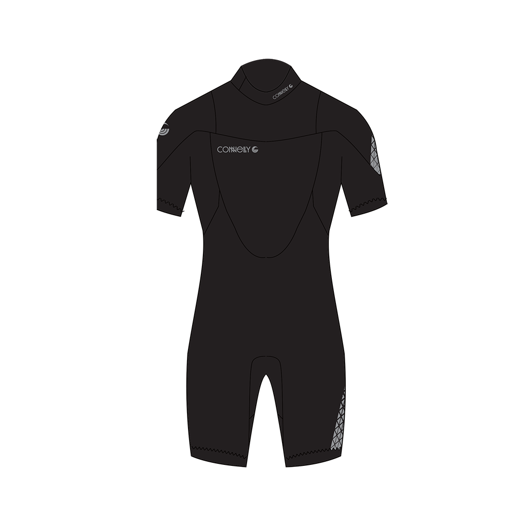 A black short-sleeve wetsuit with a mock neck, featuring the Connelly brand logo on the left chest and a patterned design on the right sleeve and left leg