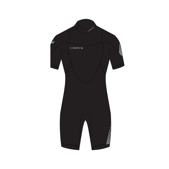 A black short-sleeve wetsuit with a mock neck, featuring the Connelly brand logo on the left chest and a patterned design on the right sleeve and left leg