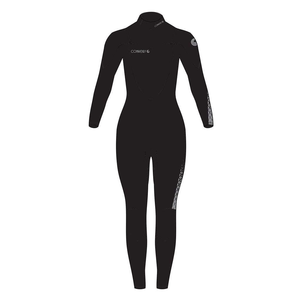 A black long-sleeve full-body wetsuit with a mock neck, featuring the brand name Connelly printed in white on the left chest and white textured graphics on the right sleeve and right thigh