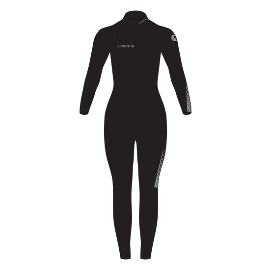 A black long-sleeve full-body wetsuit with a mock neck, featuring the brand name Connelly printed in white on the left chest and white textured graphics on the right sleeve and right thigh