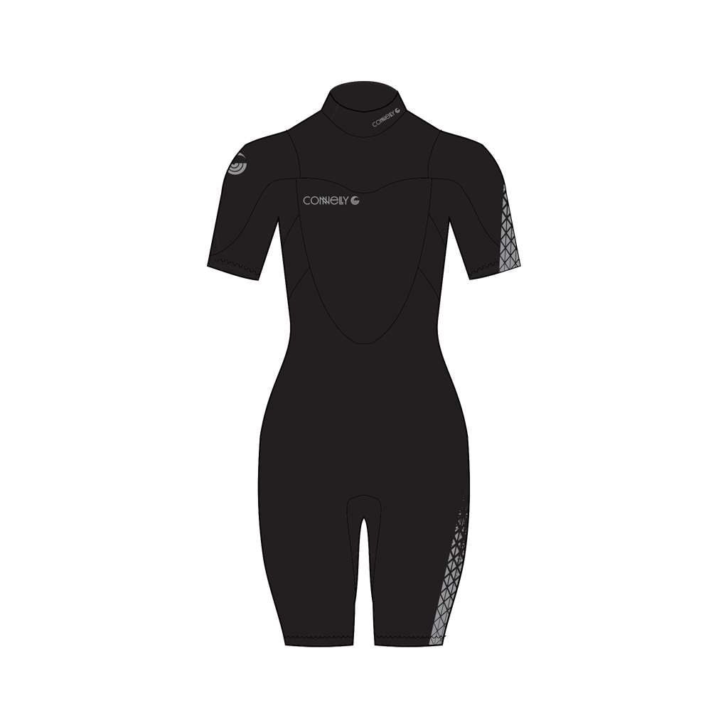 A black short-sleeve wetsuit with a mock neck, featuring a white Connelly logo on the chest and a gray geometric pattern on the sleeve and lower leg