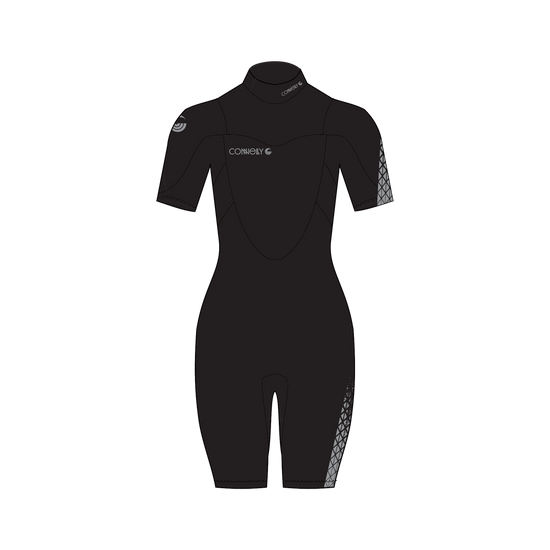 A black short-sleeve wetsuit with a mock neck, featuring a white Connelly logo on the chest and a gray geometric pattern on the sleeve and lower leg